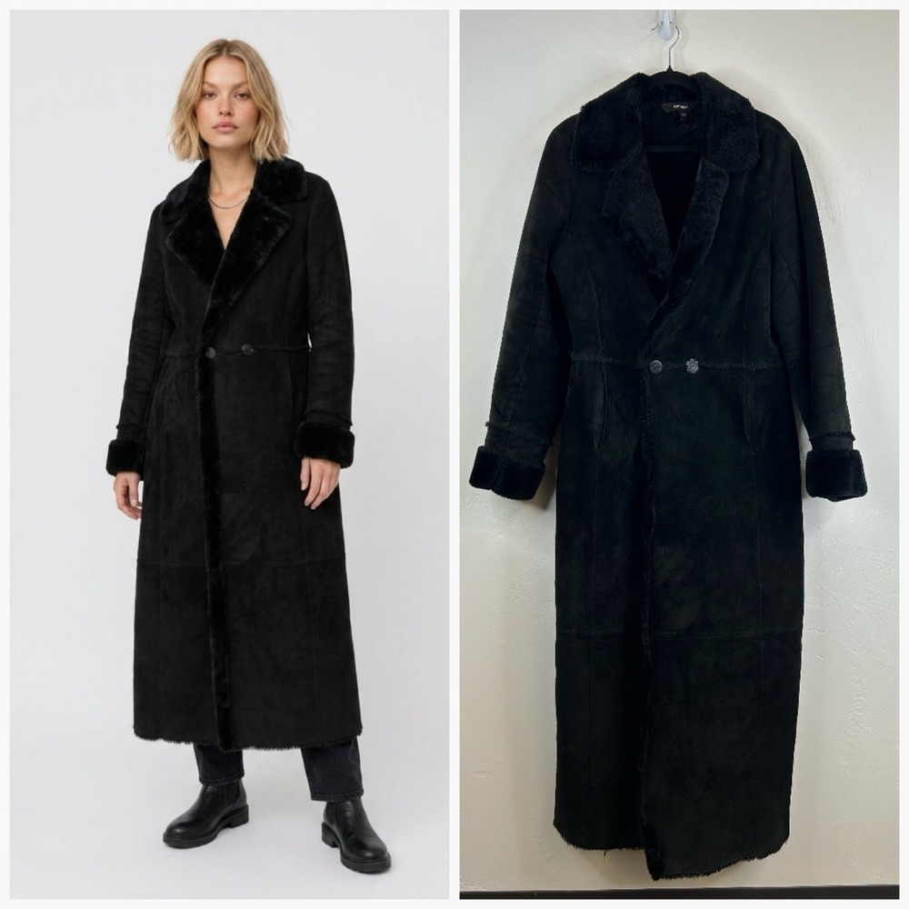 Vintage Black Suede‎ Penny Lane Maxi Length Coat Size L Faux Fur Whimsigoth Boho